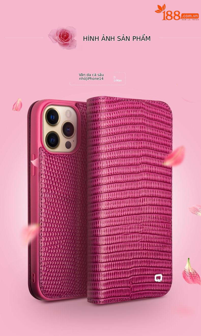 Ốp lưng iPhone 14 Pro Max da thật chống rơi, bảo vệ toàn diện — IPhone14 plus màu đỏ hồng cá sấu 6,7 inch chi tiết 12