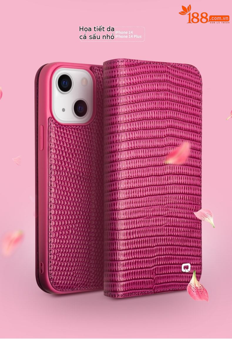 Ốp lưng iPhone 14 Pro Max da thật chống rơi, bảo vệ toàn diện — IPhone14 plus màu đỏ hồng cá sấu 6,7 inch chi tiết 13