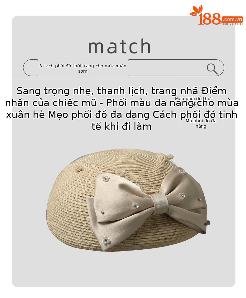Mũ cói nữ trang trí nơ thanh lịch, thoáng khí, thoải mái, thích hợp dạo phố du lịch — Màu be chi tiết 2