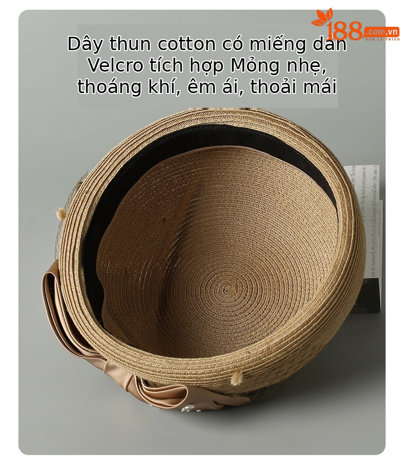 Mũ cói nữ trang trí nơ thanh lịch, thoáng khí, thoải mái, thích hợp dạo phố du lịch — Màu be chi tiết 4