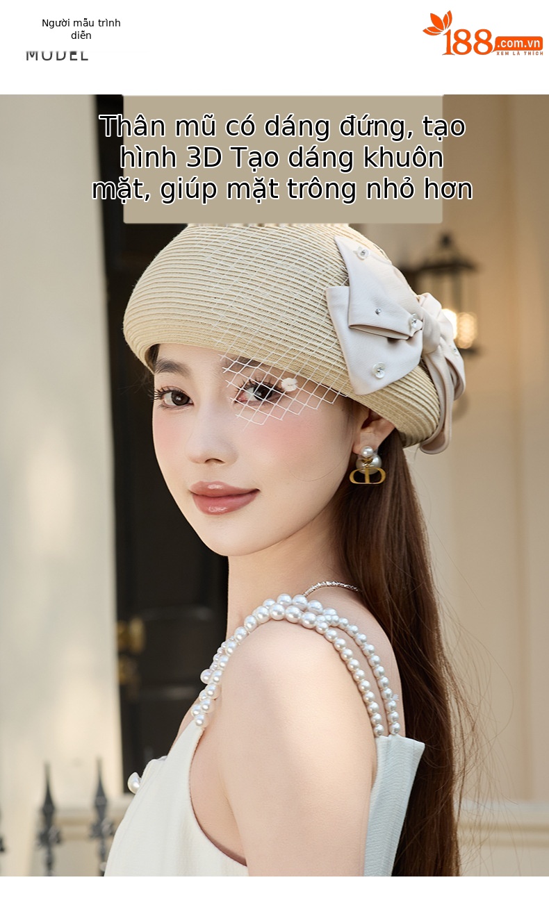 Mũ cói nữ trang trí nơ thanh lịch, thoáng khí, thoải mái, thích hợp dạo phố du lịch — Màu be chi tiết 6