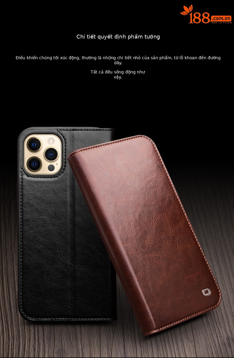 Ốp lưng da thật iPhone 13 Pro Max / 13 mini nắp gập bảo vệ toàn diện — IPhone13 pro max màu nâu cổ điển 6,7 inch, IPhone13 pro max màu đen cổ điển 6,7 inch, Màu nâu cổ điển iPhone13/pro 6,1 inch, IPhone13 6,1 inch/pro màu đen cổ điển chi tiết 4