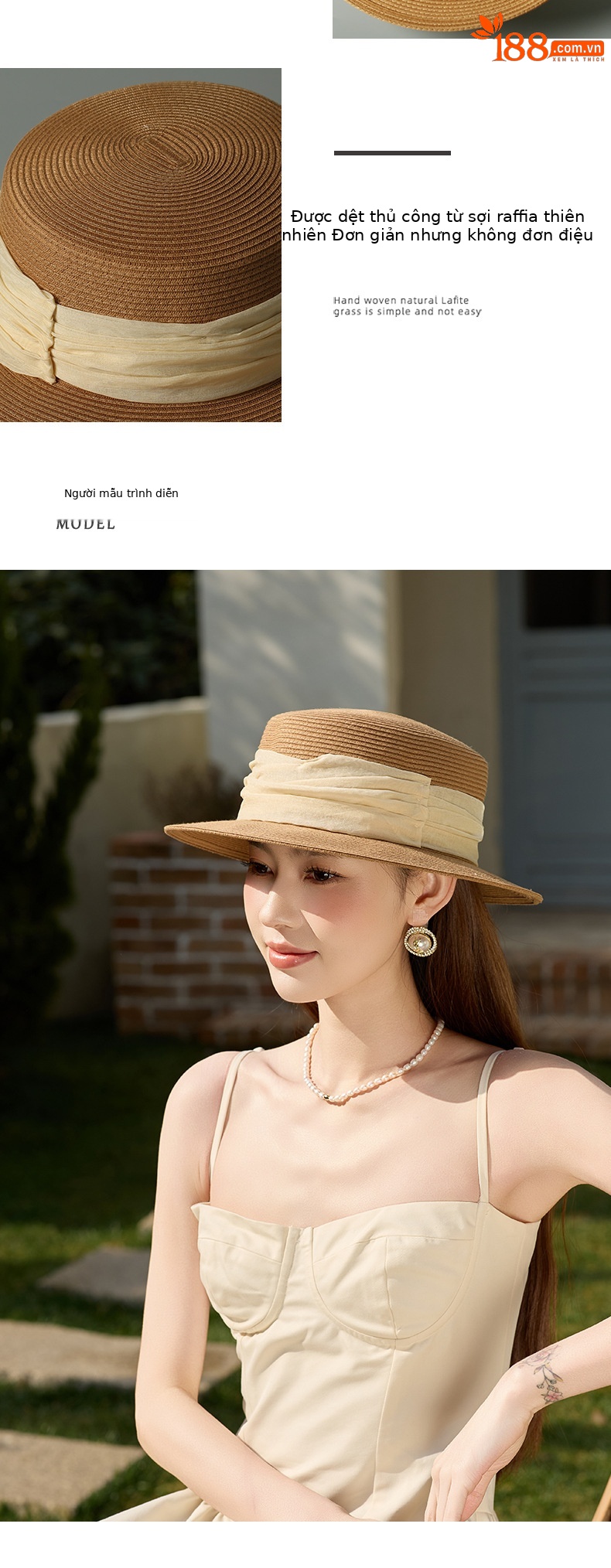 Mũ rơm nữ vành rộng chống nắng UV, phối mùa xuân hè, đi biển du lịch — Màu be chi tiết 4
