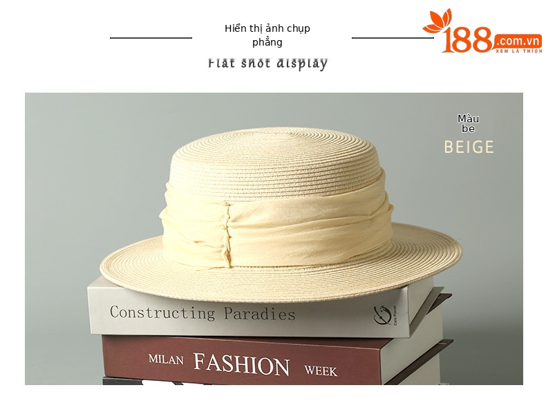 Mũ rơm nữ vành rộng chống nắng UV, phối mùa xuân hè, đi biển du lịch — Màu be chi tiết 12