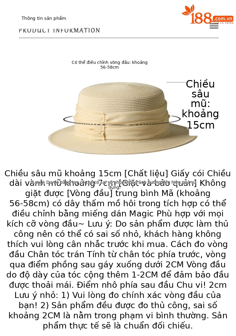 Mũ rơm nữ vành rộng chống nắng UV, phối mùa xuân hè, đi biển du lịch — Màu be chi tiết 2