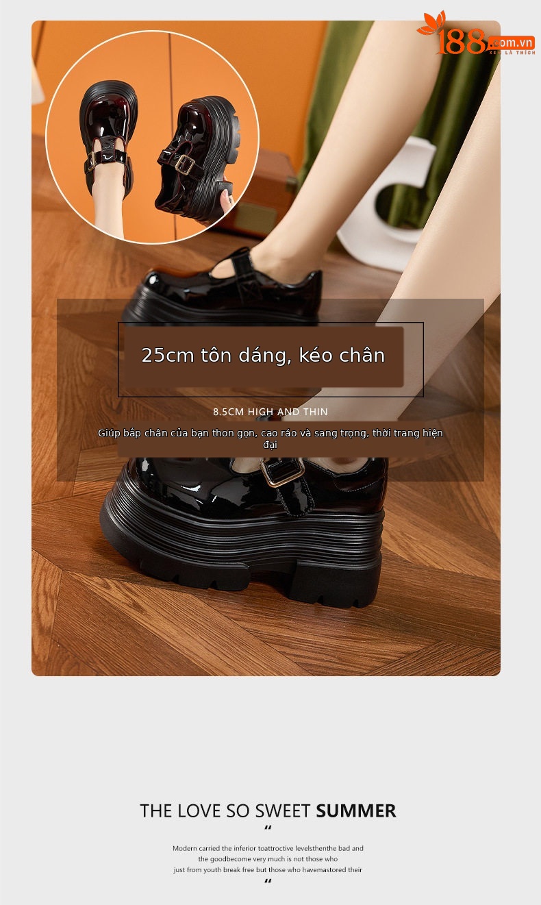 Giày loafer nữ mũi tròn gót cao 8 cm phong cách Anh — Đen, Đen đỏ chi tiết 9