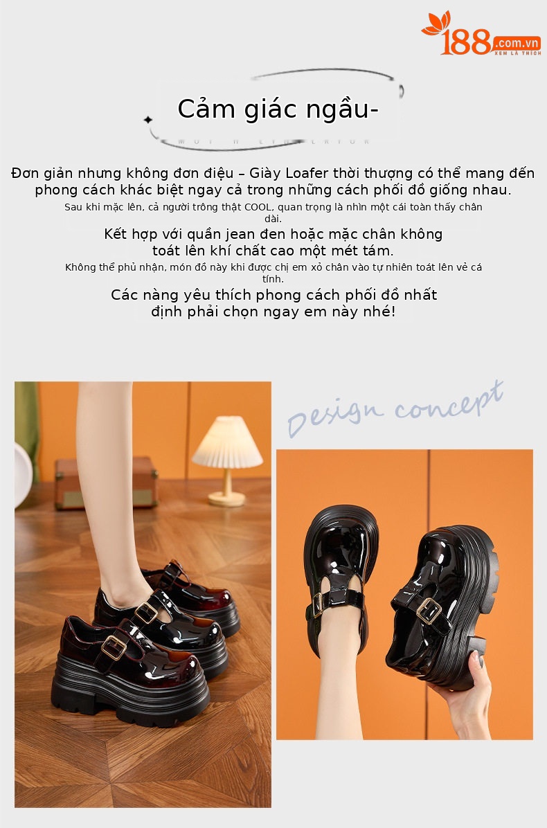 Giày loafer nữ mũi tròn gót cao 8 cm phong cách Anh — Đen, Đen đỏ chi tiết 4