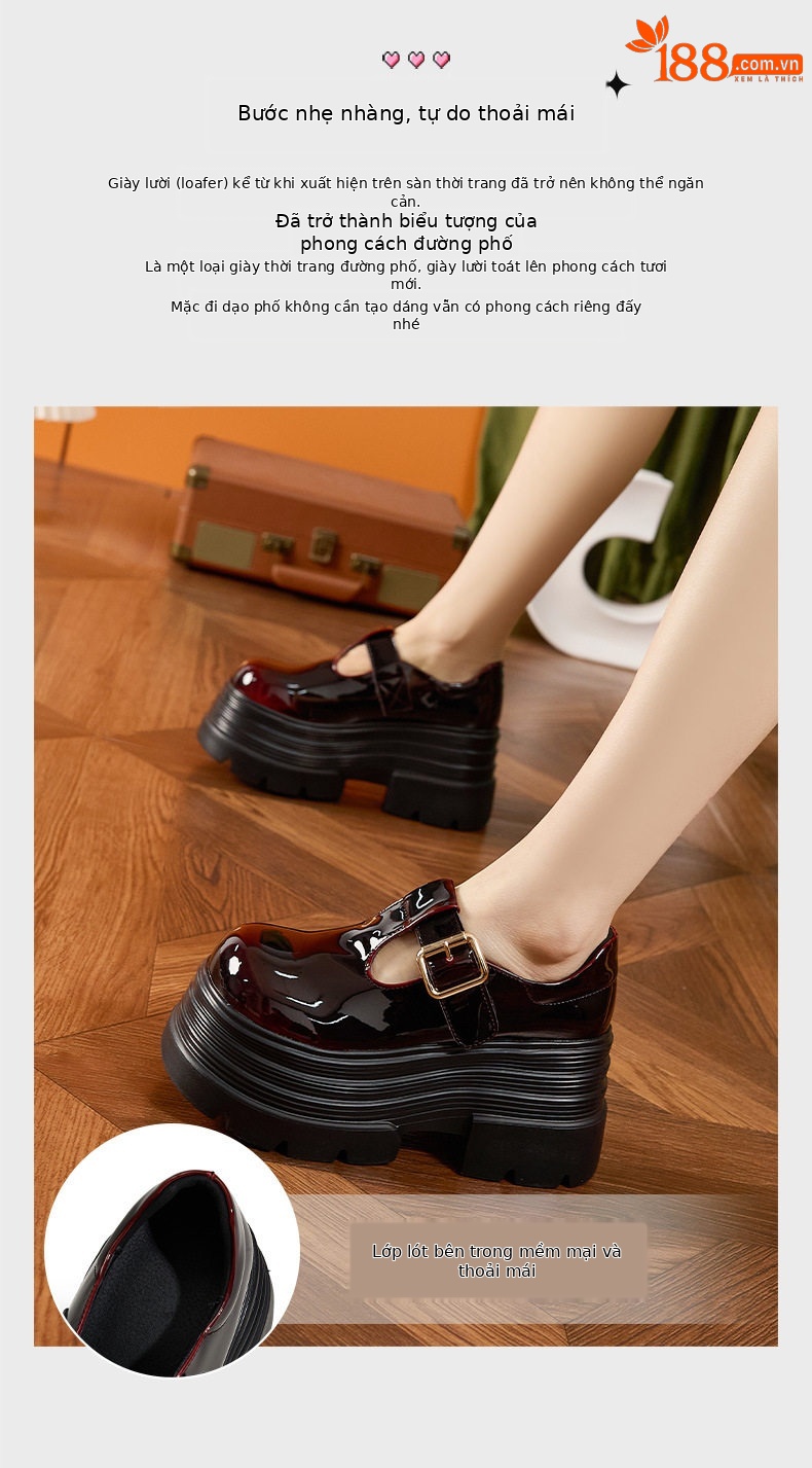 Giày loafer nữ mũi tròn gót cao 8 cm phong cách Anh — Đen, Đen đỏ chi tiết 5