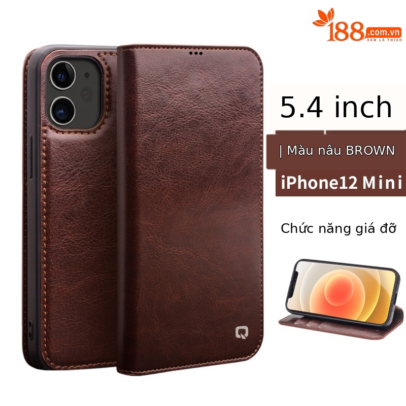 Ốp lưng da thật gập bảo vệ thẻ cho iPhone 12 Pro Max / 12 mini — IPhone12 mini 5,4 inch màu nâu cổ điển, IPhone12 mini 5,4 inch màu đen cổ điển, IPhone12 Pro 6,1 inch màu nâu cổ điển, IPhone12 Pro 6,1 inch màu đen cổ điển