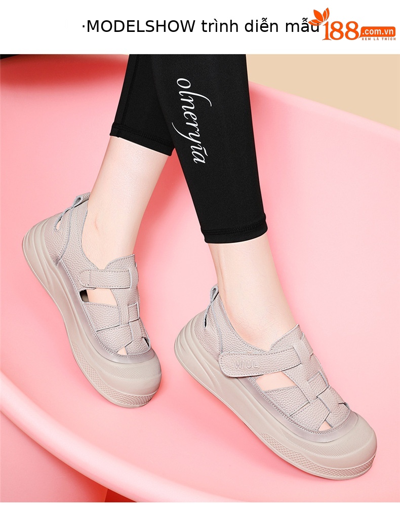 Sandal nữ đế dày da bò thật lỗ rỗng phong cách hở mũi mùa hè — 7111 kaki, 7111 màu be chi tiết 8