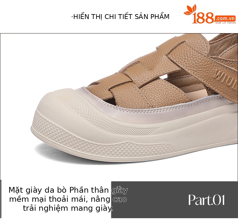 Sandal nữ đế dày da bò thật lỗ rỗng phong cách hở mũi mùa hè — 7111 kaki, 7111 màu be chi tiết 15