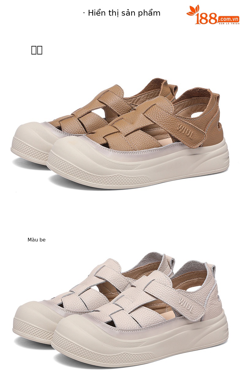 Sandal nữ đế dày da bò thật lỗ rỗng phong cách hở mũi mùa hè — 7111 kaki, 7111 màu be chi tiết 18