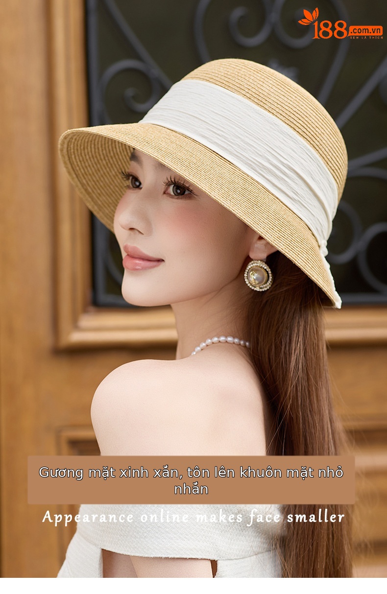 Mũ rơm nữ vành rộng chống nắng đi biển có nơ — Màu be chi tiết 1