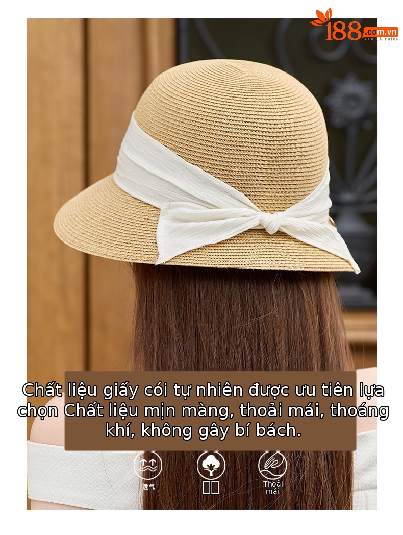 Mũ rơm nữ vành rộng chống nắng đi biển có nơ — Màu be chi tiết 2