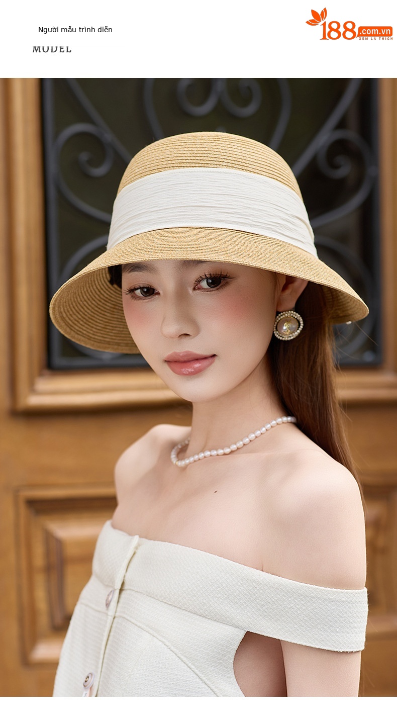 Mũ rơm nữ vành rộng chống nắng đi biển có nơ — Màu be chi tiết 5