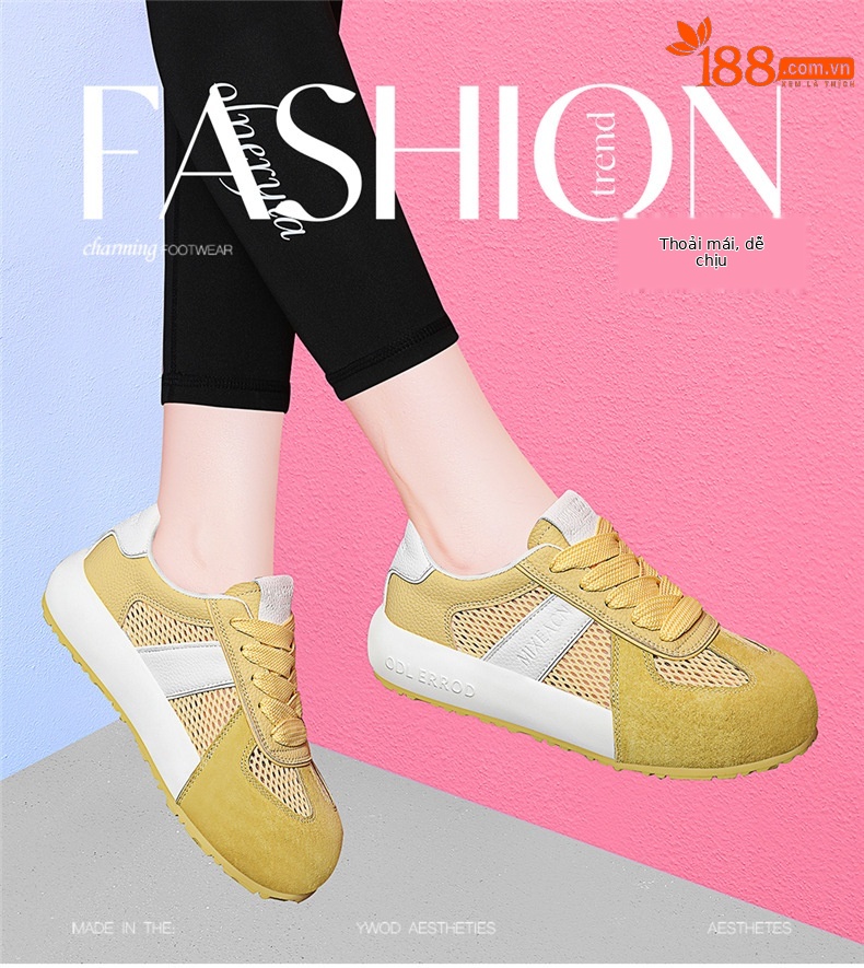 Giày sneaker nữ đế dày phối màu thời trang xuân hè 2026, lưới thoáng khí — 7115 Màu xanh lá cây, 7115 Màu vàng, 7115-1 Trái cây xanh, 7115 -1 Màu vàng chi tiết 1