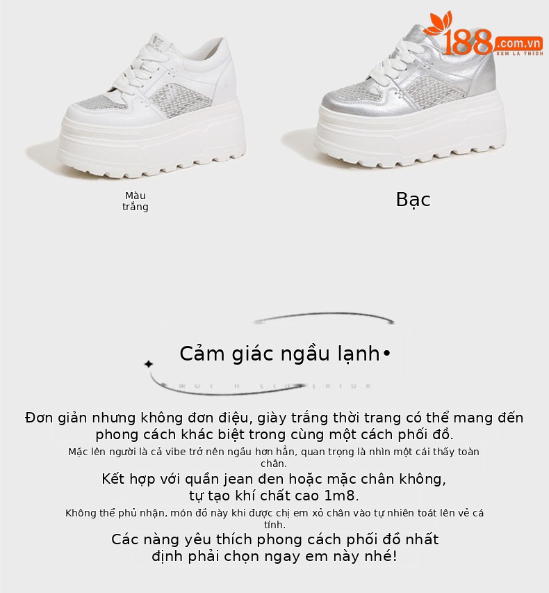 Giày sneaker nữ chunky đế dày trắng platform họa tiết đính đá — Trắng, Bạc chi tiết 4