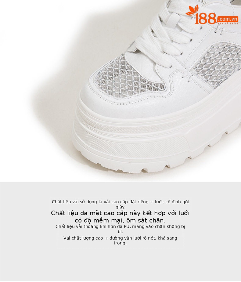 Giày sneaker nữ chunky đế dày trắng platform họa tiết đính đá — Trắng, Bạc chi tiết 8