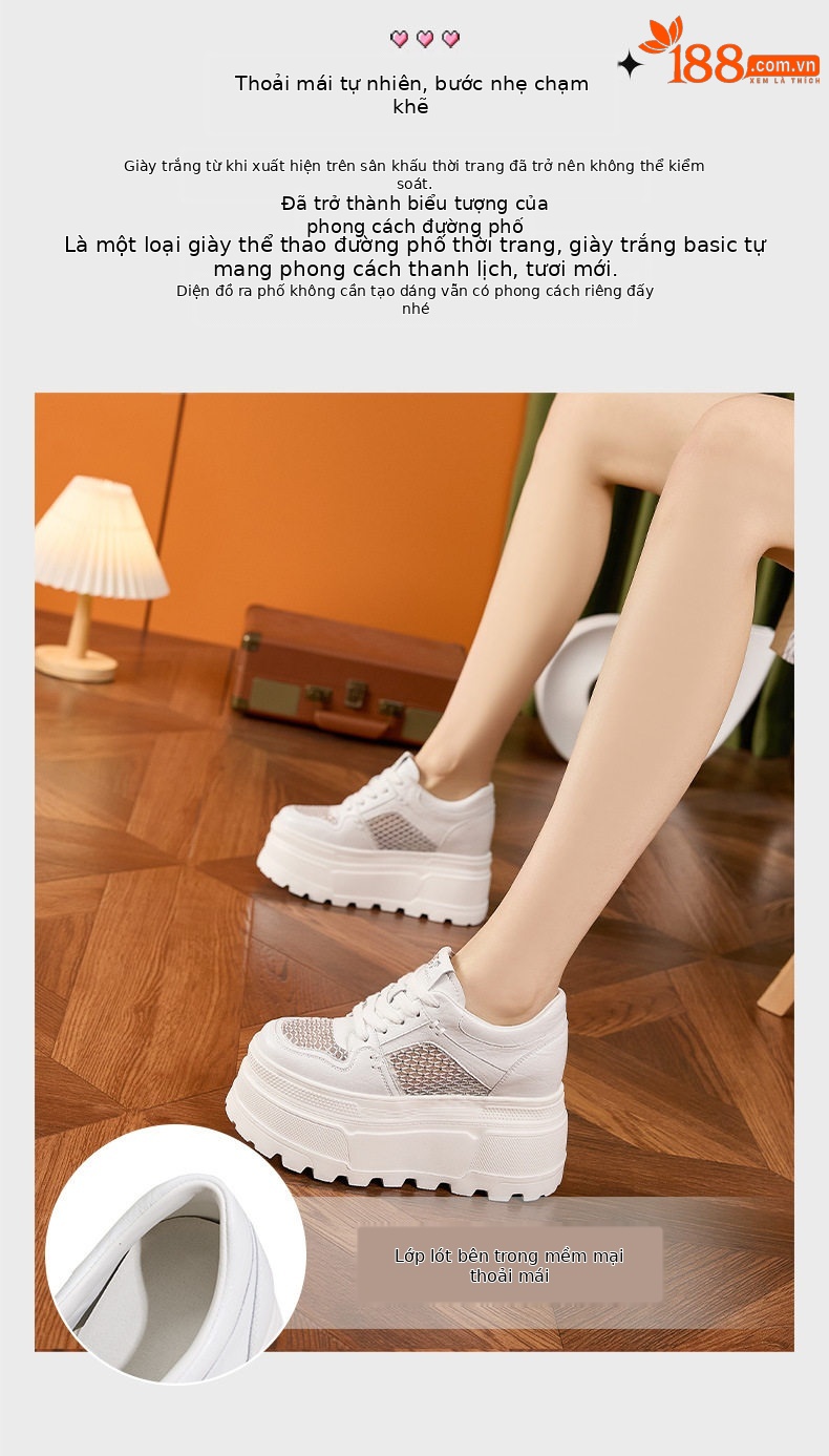 Giày sneaker nữ chunky đế dày trắng platform họa tiết đính đá — Trắng, Bạc chi tiết 6