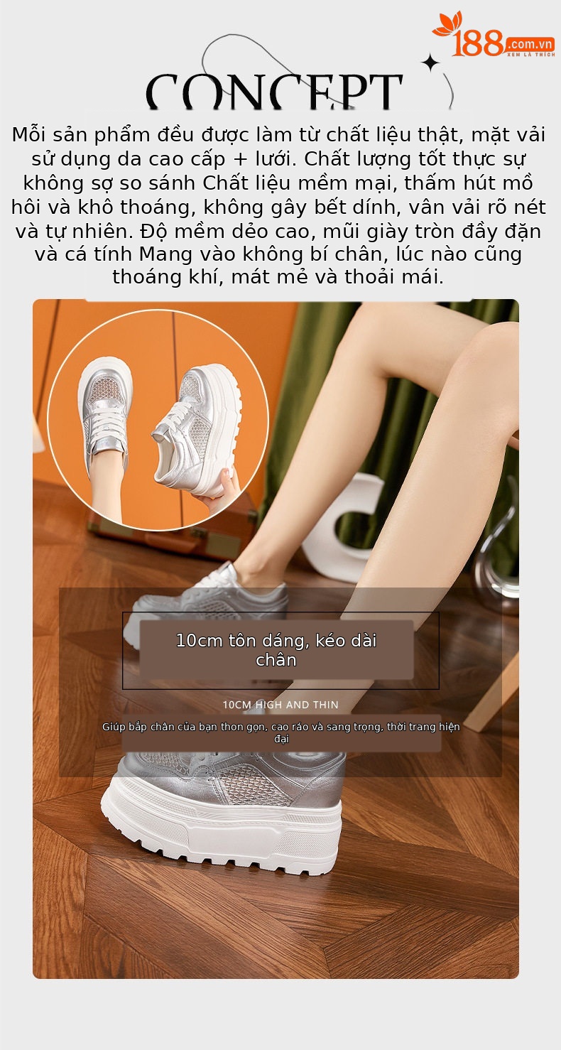Giày sneaker nữ chunky đế dày trắng platform họa tiết đính đá — Trắng, Bạc chi tiết 11