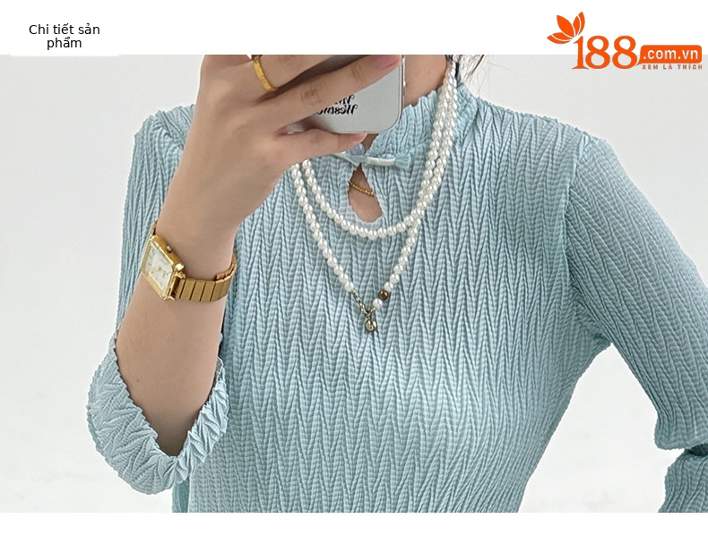 Áo sơ mi nữ cổ đứng cài nút kiểu Trung Quốc tay dài — Màu xanh lam nhạt chi tiết 3