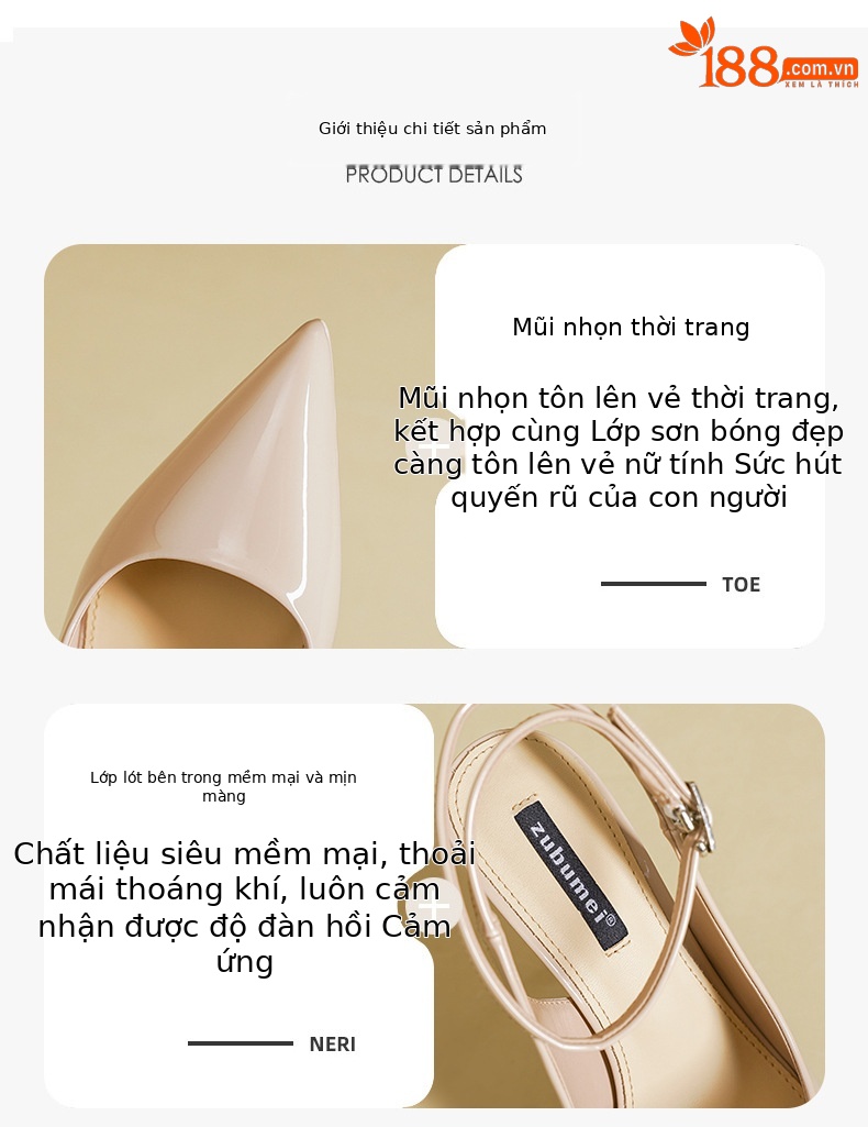 Dép cao gót nữ mũi nhọn bít mũi quai một chữ gót nhọn — Đỏ rượu chi tiết 2
