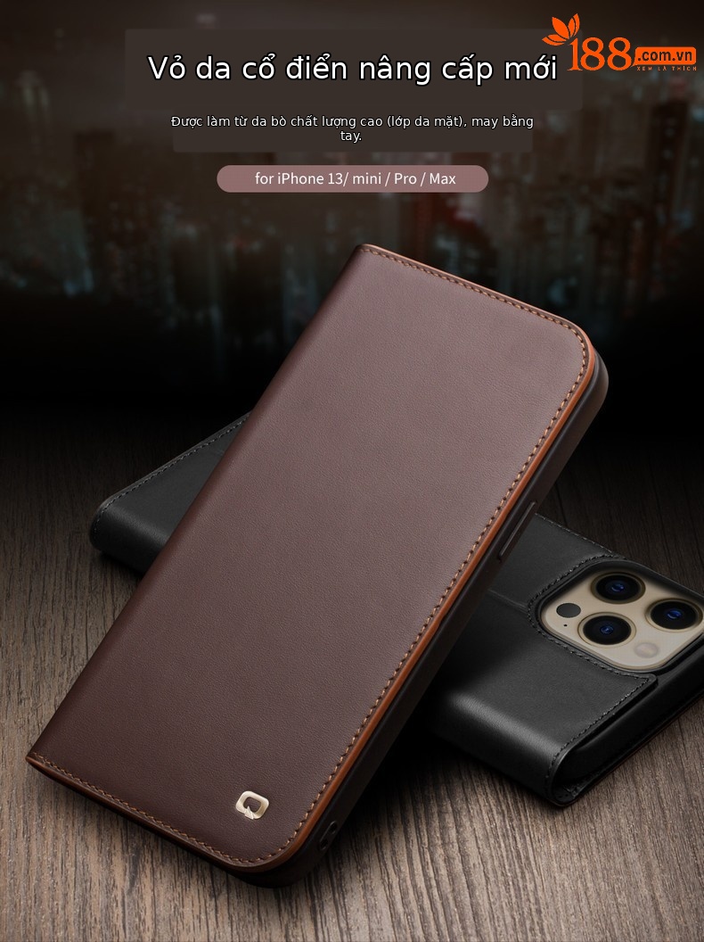 Ốp lưng da thật có giá đỡ nắp gập cho iPhone 13 Pro Max / 13 mini — IPhone13 pro max 6.7 inch màu đen cổ điển thế hệ thứ hai, IPhone13 pro max 6,7 inch màu đỏ hồng nhỏ cổ điển thế hệ thứ hai, 6.1 inch iPhone13/pro màu nâu cổ điển thế hệ thứ hai, IPhone13 6,1 inch/pro màu đen cổ điển thế hệ thứ hai chi tiết 1