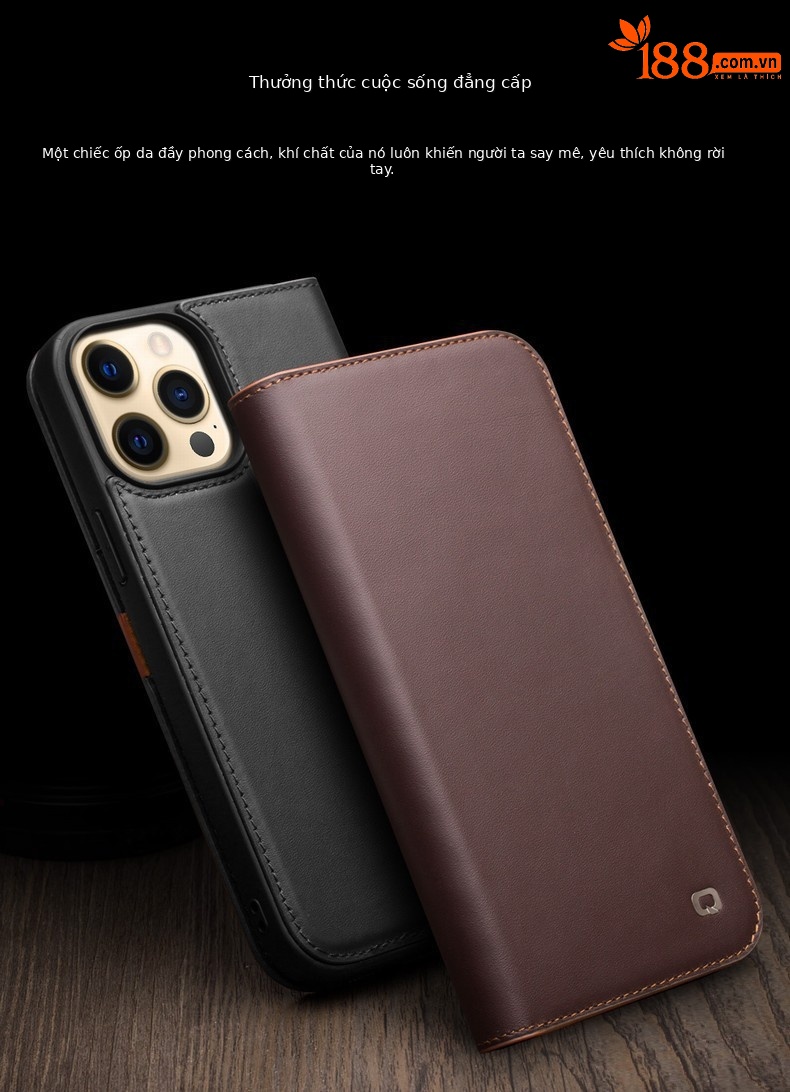 Ốp lưng da thật có giá đỡ nắp gập cho iPhone 13 Pro Max / 13 mini — IPhone13 pro max 6.7 inch màu đen cổ điển thế hệ thứ hai, IPhone13 pro max 6,7 inch màu đỏ hồng nhỏ cổ điển thế hệ thứ hai, 6.1 inch iPhone13/pro màu nâu cổ điển thế hệ thứ hai, IPhone13 6,1 inch/pro màu đen cổ điển thế hệ thứ hai chi tiết 2