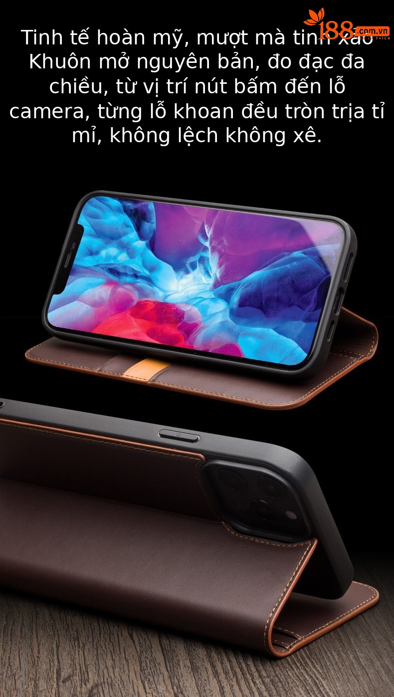 Ốp lưng da thật có giá đỡ nắp gập cho iPhone 13 Pro Max / 13 mini — IPhone13 pro max 6.7 inch màu đen cổ điển thế hệ thứ hai, IPhone13 pro max 6,7 inch màu đỏ hồng nhỏ cổ điển thế hệ thứ hai, 6.1 inch iPhone13/pro màu nâu cổ điển thế hệ thứ hai, IPhone13 6,1 inch/pro màu đen cổ điển thế hệ thứ hai chi tiết 7