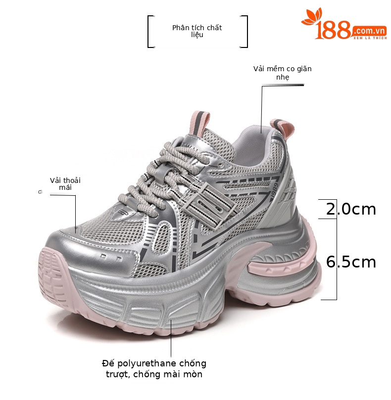 Giày sneaker chunky nữ đế dày tăng chiều cao lưới thoáng khí — Màu hồng chi tiết 2