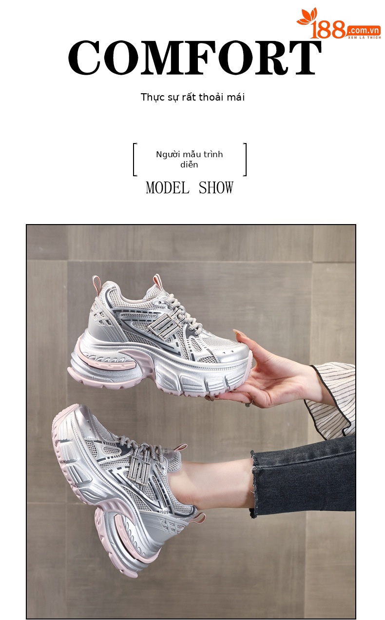 Giày sneaker chunky nữ đế dày tăng chiều cao lưới thoáng khí — Màu hồng chi tiết 10