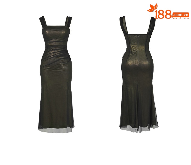Đầm maxi nữ quây xuyên thấu lưới xếp ly dáng dài — Màu đen chi tiết 2