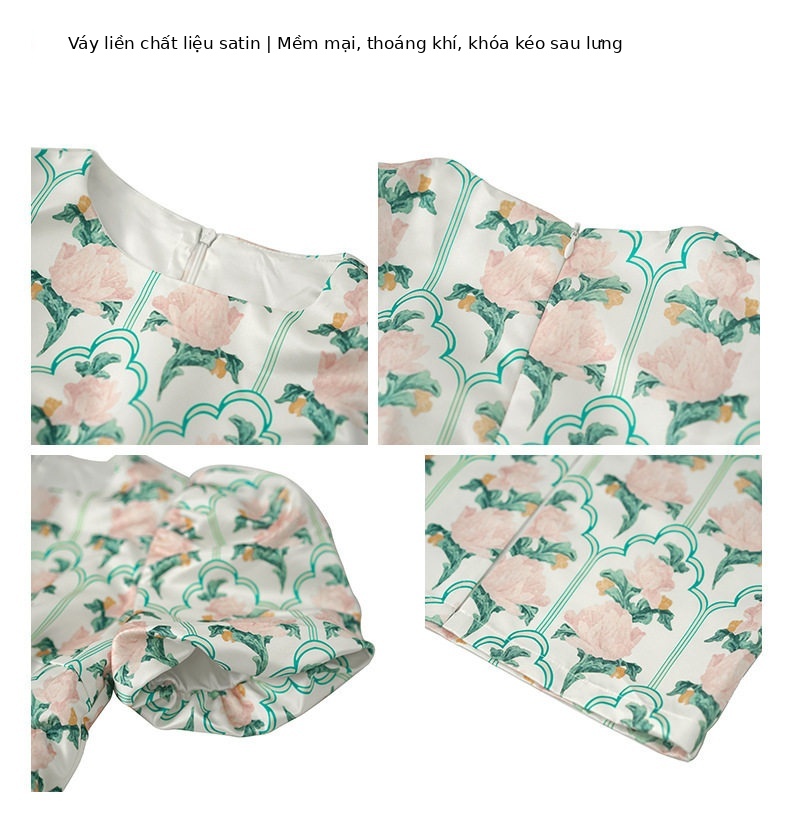 Đầm suông midi cổ tròn tay bồng họa tiết hoa phong cách Pháp — [Xanh lá] chi tiết 3