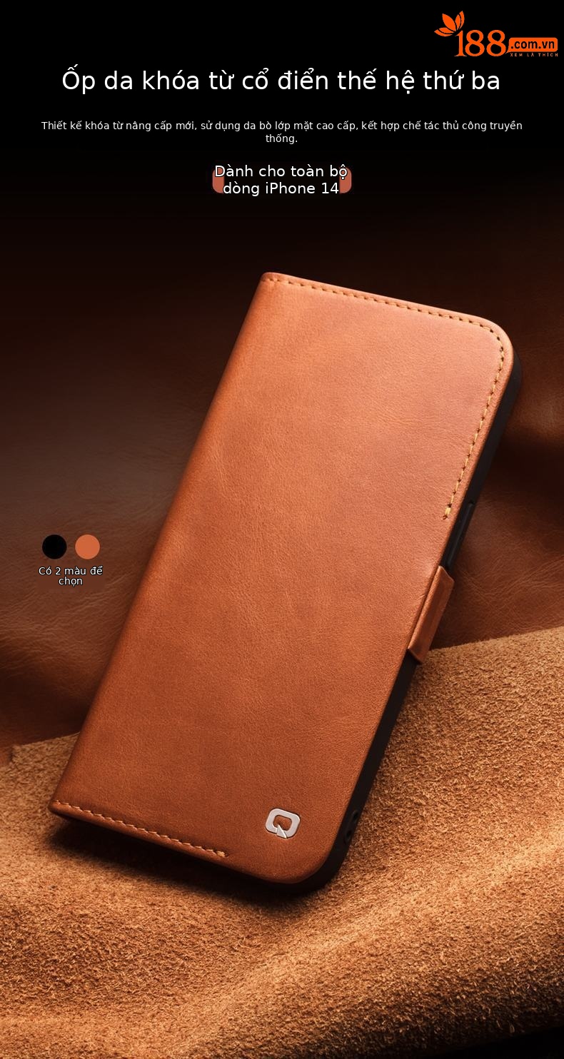 Ốp lưng da thật nắp lật tích hợp thẻ từ cho iPhone 14 Pro Max — IPhone14 plus 6,7 inch màu đen cổ điển thế hệ thứ 3, IPhone14 plus 6,7 inch cổ điển thế hệ thứ 3 màu nâu nhạt, IPhone14 6,1 inch màu đen cổ điển thế hệ thứ 3, IPhone14 6,1 inch màu nâu nhạt cổ điển thế hệ thứ 3 chi tiết 1