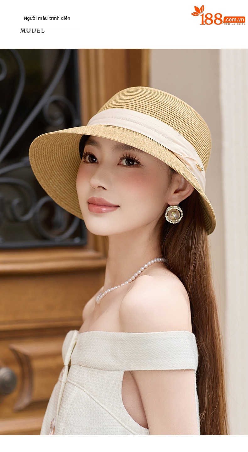 Mũ rơm nữ vành rộng chống nắng phong cách Pháp cổ điển — Màu đen chi tiết 5