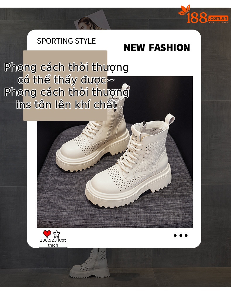 Boot Martin nữ da đục lỗ cổ ngắn phong cách Anh thời trang đa năng — M2823 màu trắng, M2823 màu đen, M2823 màu be chi tiết 3