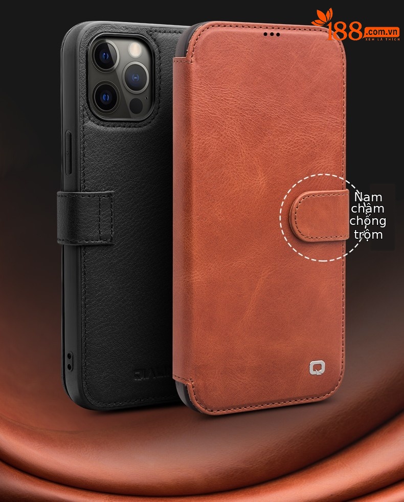 Ốp lưng da thật iPhone 12 Pro Max nắp lật mini có ngăn đựng thẻ — Khóa từ tính iPhone 12 mini 5,4 inch màu đen, Khóa từ tính iPhone 12 mini 5,4 inch màu nâu đậm, IPhone12 Pro Max 6,7 inch khóa từ tính doanh nhân màu nâu nhạt chi tiết 9