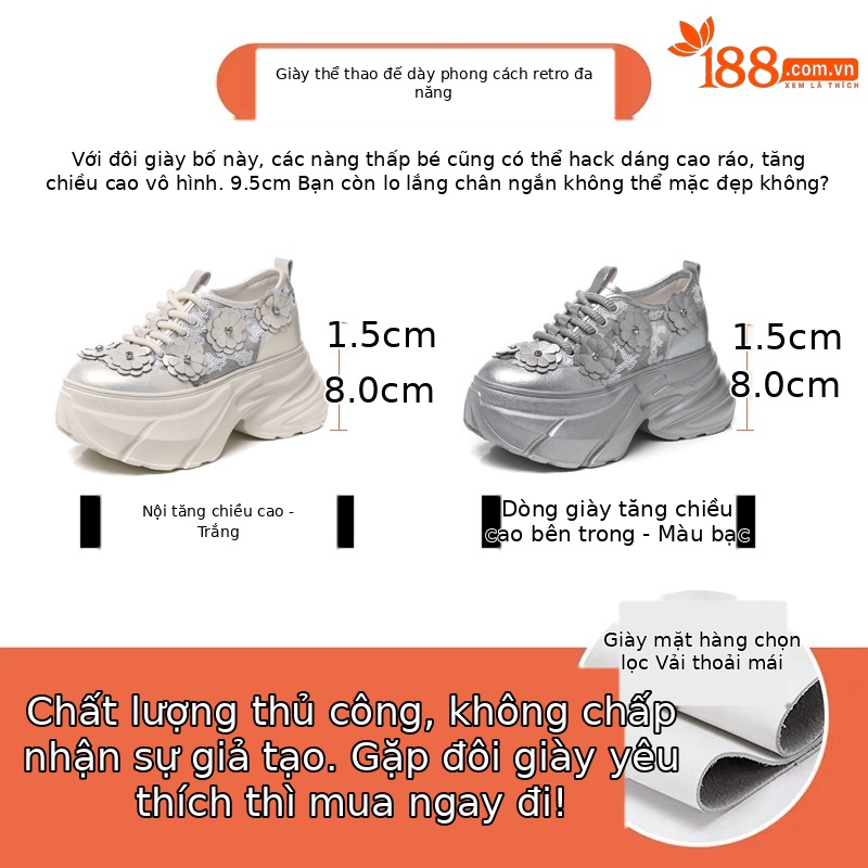 Giày sneaker nữ chunky đế dày tăng chiều cao, lưới thoáng khí — Màu trắng