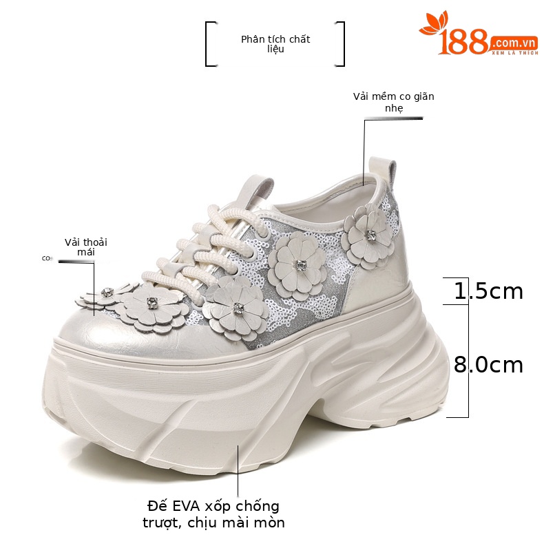 Giày sneaker nữ chunky đế dày tăng chiều cao, lưới thoáng khí — Màu trắng chi tiết 3