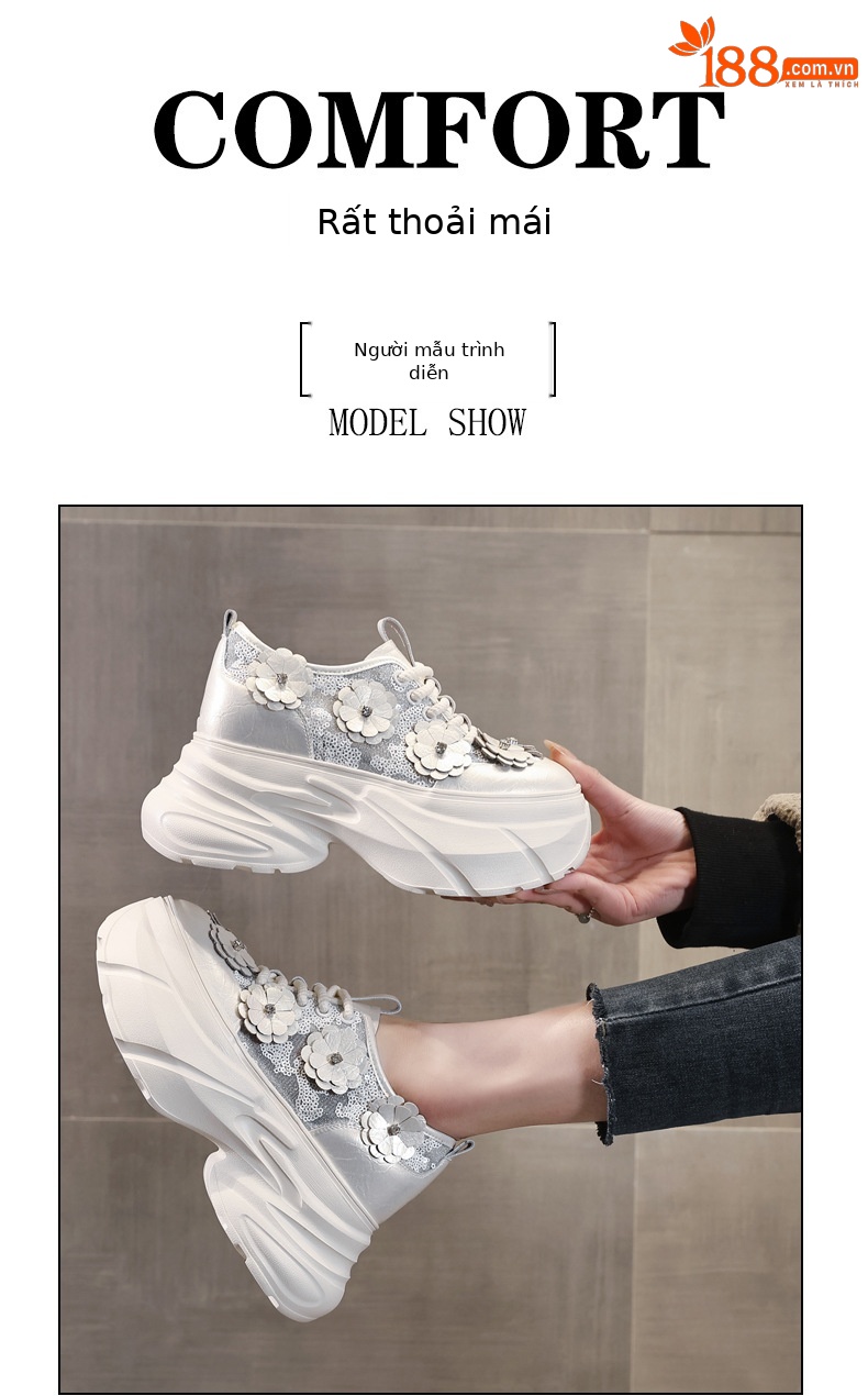 Giày sneaker nữ chunky đế dày tăng chiều cao, lưới thoáng khí — Màu trắng chi tiết 10