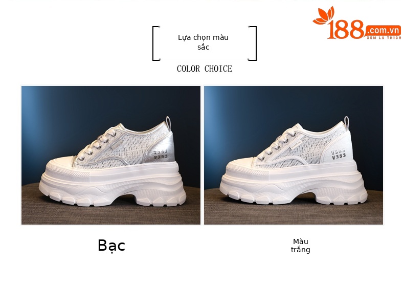 Giày sneaker nữ chunky đế dày mặt lưới thoáng khí, tăng chiều cao bên trong — Màu trắng chi tiết 2