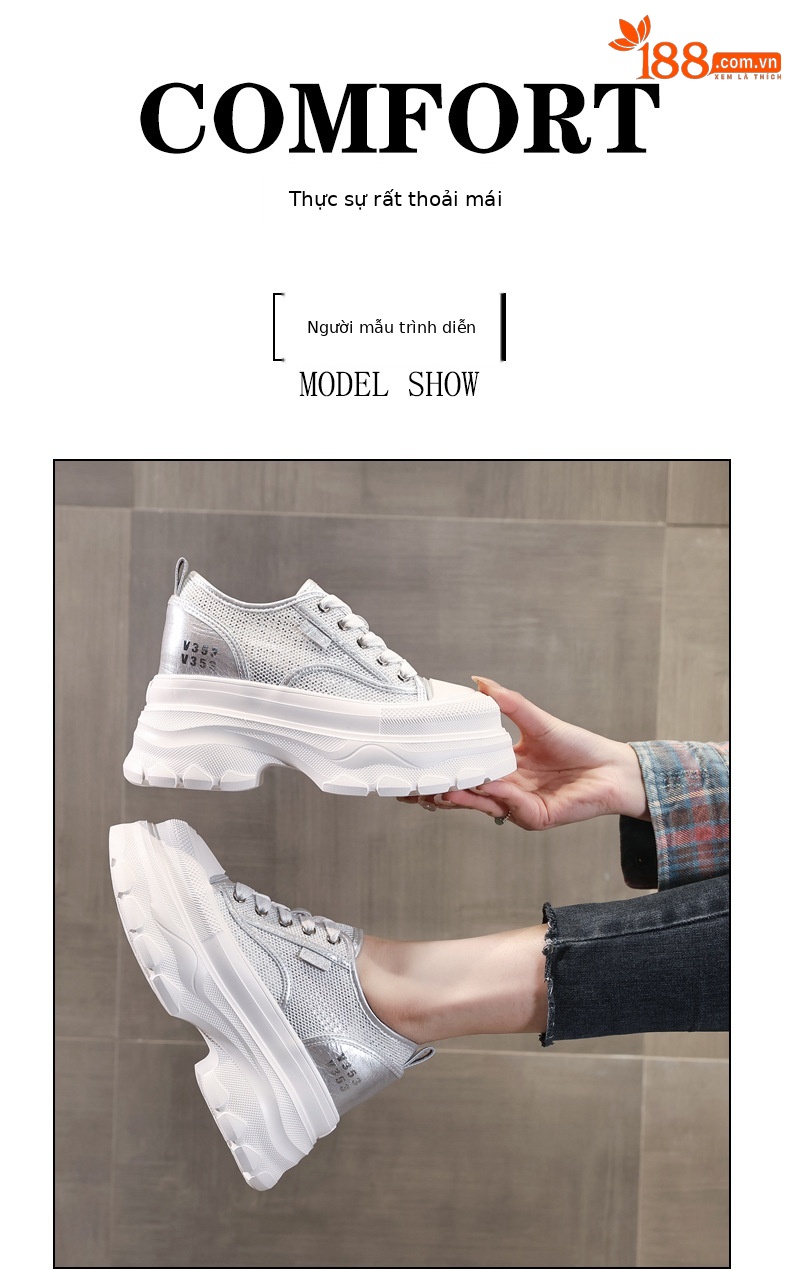 Giày sneaker nữ chunky đế dày mặt lưới thoáng khí, tăng chiều cao bên trong — Màu trắng chi tiết 11