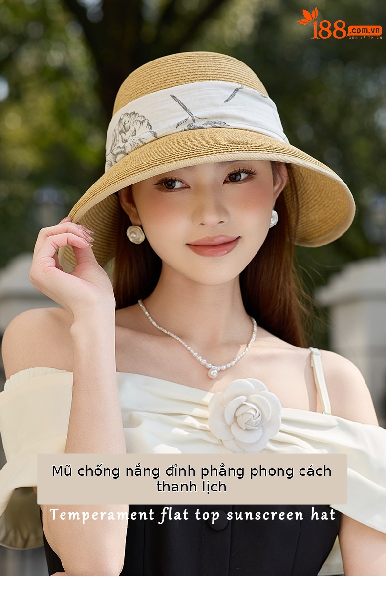 Mũ rơm nơ bướm thanh lịch nữ, vành rộng che nắng, gấp gọn tiện lợi — Màu be chi tiết 1