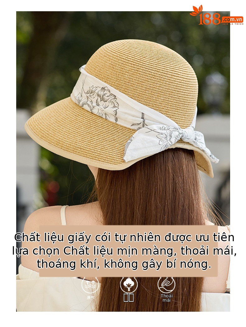 Mũ rơm nơ bướm thanh lịch nữ, vành rộng che nắng, gấp gọn tiện lợi — Màu be chi tiết 2