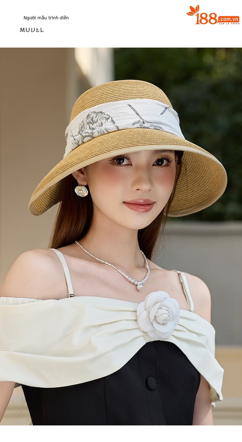 Mũ rơm nơ bướm thanh lịch nữ, vành rộng che nắng, gấp gọn tiện lợi — Màu be chi tiết 5