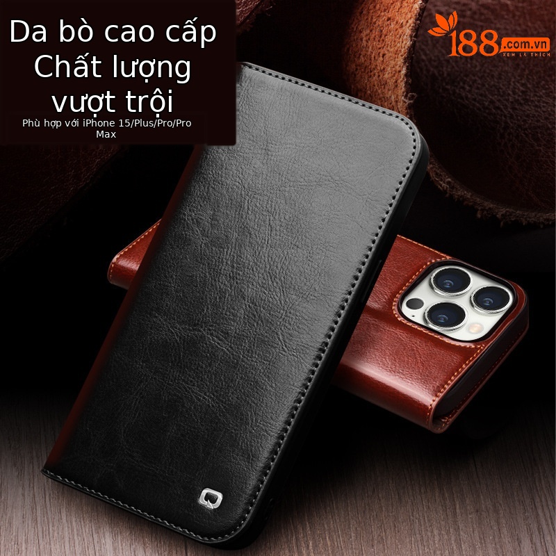Ốp lưng iPhone 15 Pro Max da thật, nắp gập tích hợp giá đỡ, bảo vệ toàn diện — IPhone15 màu nâu cổ điển, IPhone15 màu đen cổ điển, IPhone15 plus màu nâu cổ điển, IPhone15 plus màu đen cổ điển