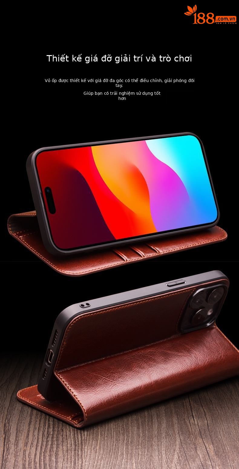 Ốp lưng iPhone 15 Pro Max da thật, nắp gập tích hợp giá đỡ, bảo vệ toàn diện — IPhone15 màu nâu cổ điển, IPhone15 màu đen cổ điển, IPhone15 plus màu nâu cổ điển, IPhone15 plus màu đen cổ điển chi tiết 6
