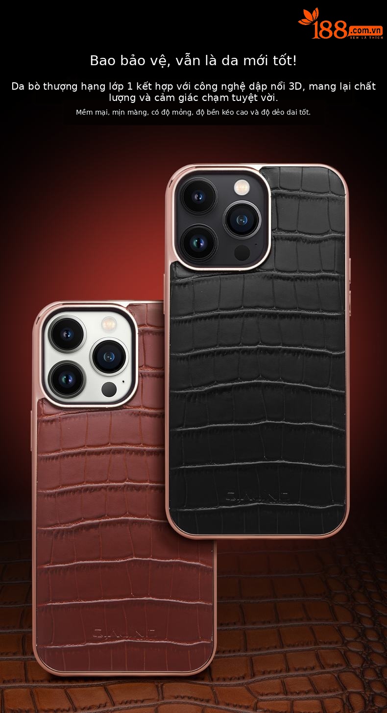 Ốp lưng da thật từ tính chống rơi cho iPhone 14 Pro Max — IPhone14pro 6,1 inch đáy đơn màu nâu vân cá sấu, IPhone14pro 6,1 inch đáy đơn màu đen vân cá sấu, IPhone14 Pro Max đáy đơn màu nâu vân cá sấu 6,7 inch, IPhone 6.7 inch 14 pro max một đáy vân cá sấu màu đen chi tiết 2