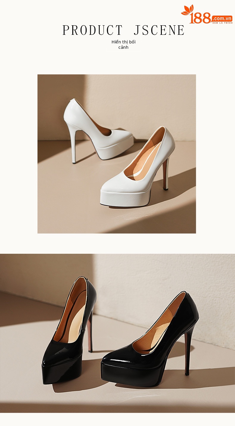Giày cao gót nữ mũi nhọn gót 16 cm đế platform da bóng — Màu đen, Màu nude, Màu trắng chi tiết 5