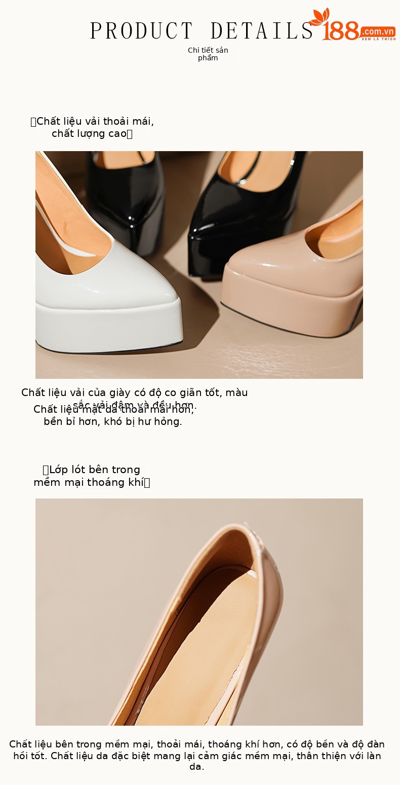 Giày cao gót nữ mũi nhọn gót 16 cm đế platform da bóng — Màu đen, Màu nude, Màu trắng chi tiết 7